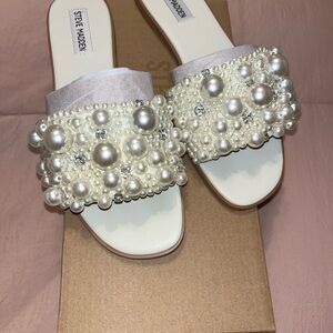 Steve Madden Pearl Embellished Sandals - Cream and White